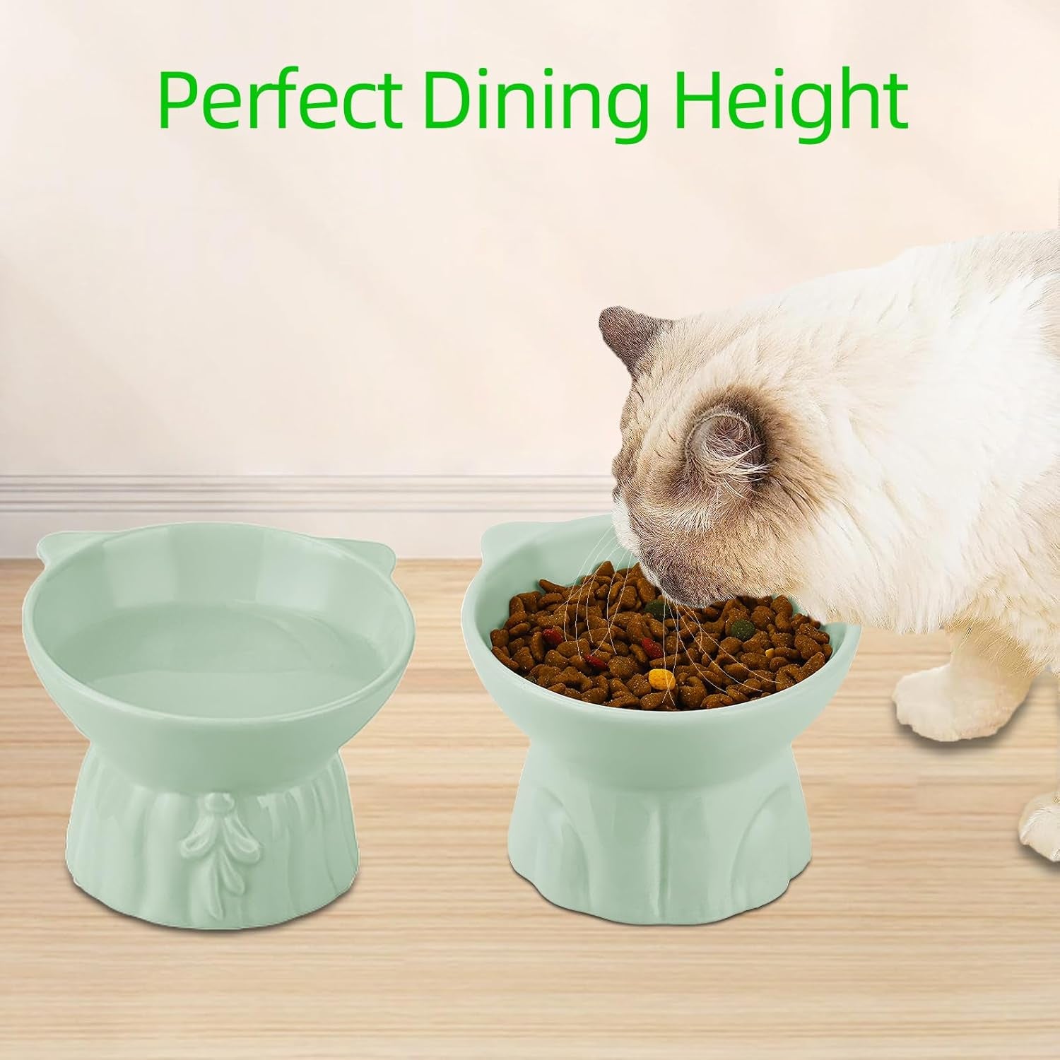 2Pcs Ceramic Elevated Cat Bowls, Extra Wide Raised Cat Bowls for Food and Water, Shallow Cat Food Dish Whisker Friendly, anti Vomit Cat Bowl Microwave and Dishwasher Safe, Great Height for Cat (Green)