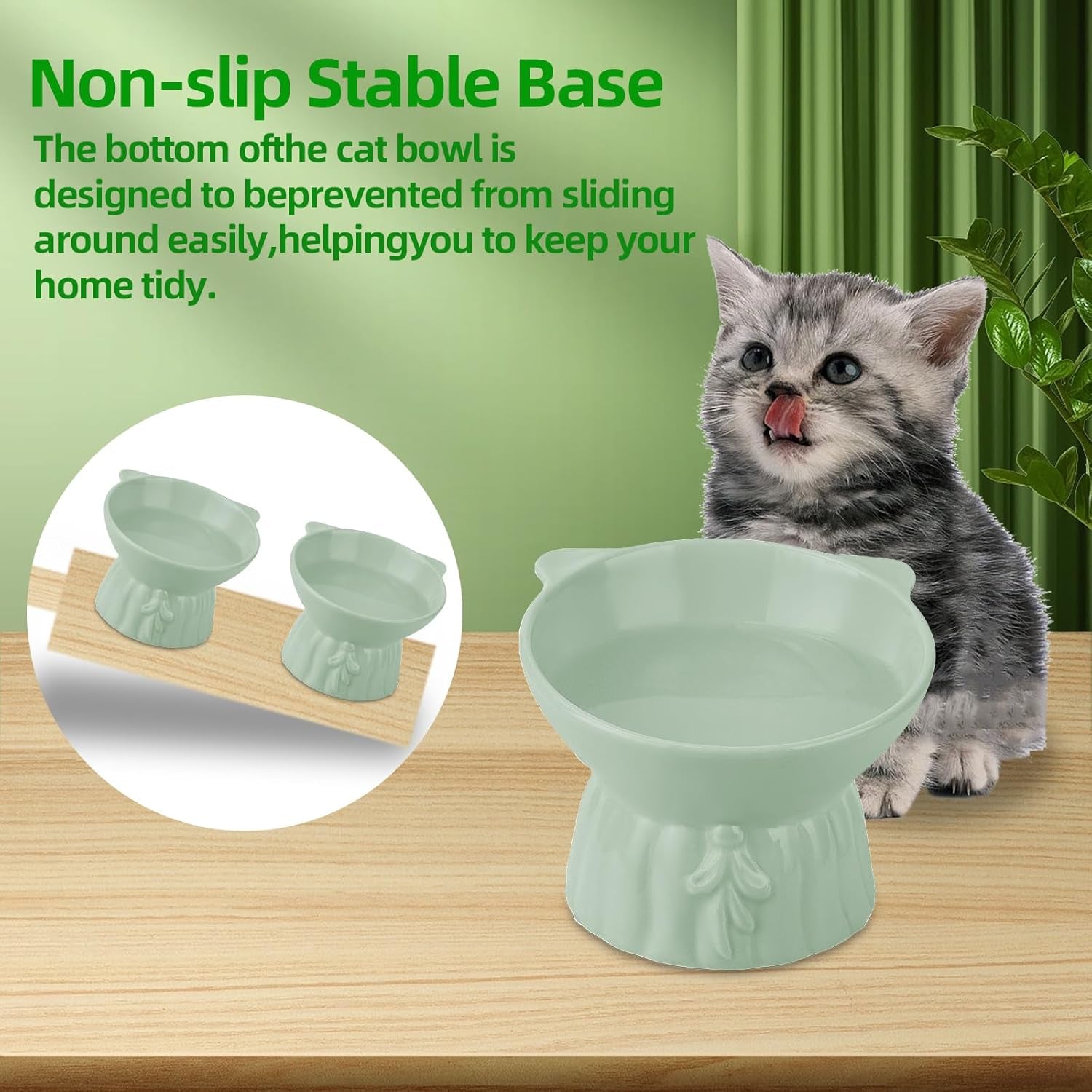 2Pcs Ceramic Elevated Cat Bowls, Extra Wide Raised Cat Bowls for Food and Water, Shallow Cat Food Dish Whisker Friendly, anti Vomit Cat Bowl Microwave and Dishwasher Safe, Great Height for Cat (Green)