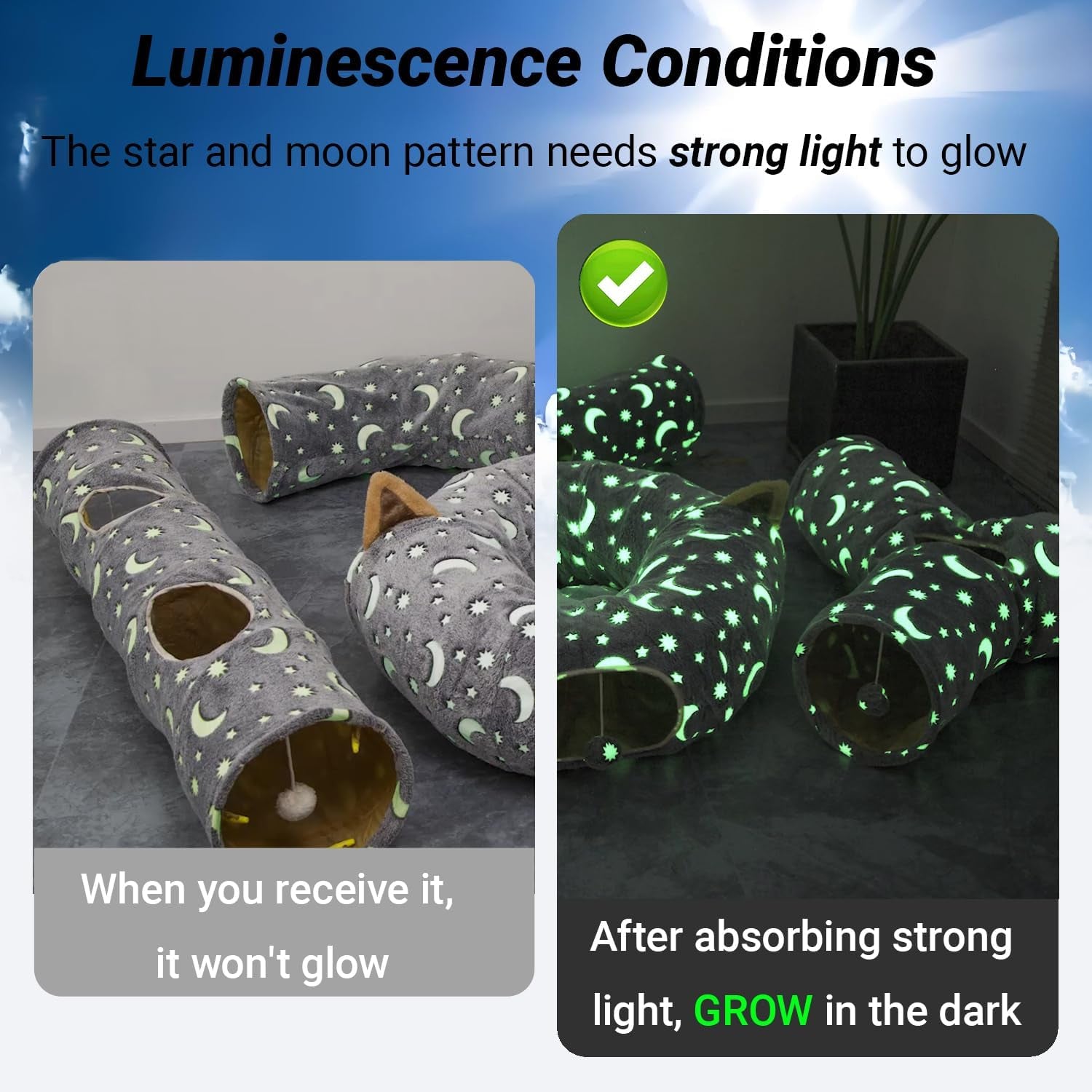 Cat Tunnel Tube with Plush Ball Toys Collapsible Self-Luminous Photoluminescence, for Small Animals Pets Bunny Rabbits, Kittens, Ferrets,Puppy and Dogs Grey Moon Star