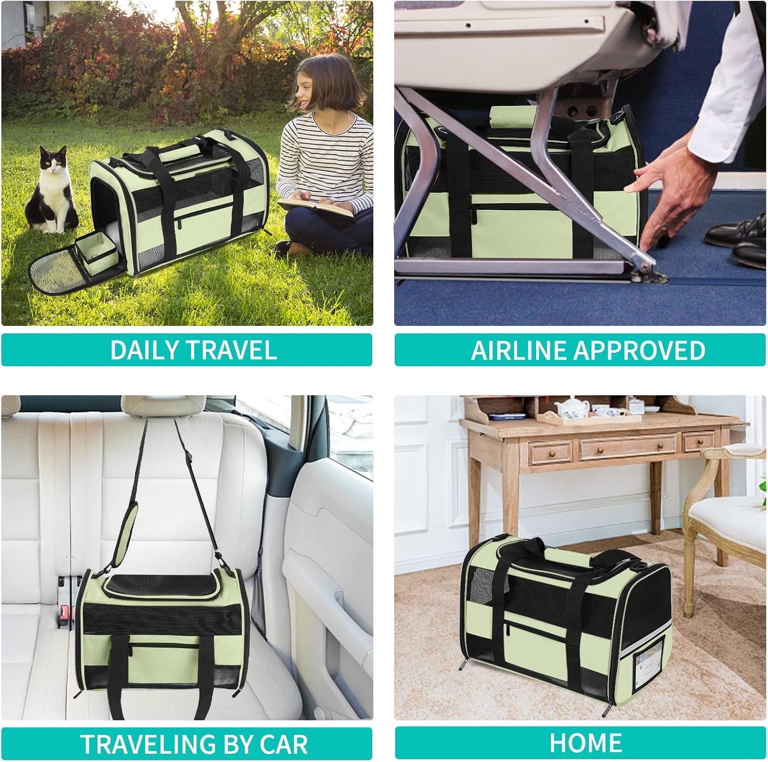 Cat Carrier Pet Dog Carriers TSA Airline Approved for Cats Dogs under 15 Lbs, Collapsible Soft Sided Cat Carrier Dog Travel Carriers for Puppy Kitten, Green