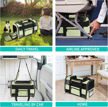 Cat Carrier Pet Dog Carriers TSA Airline Approved for Cats Dogs under 15 Lbs, Collapsible Soft Sided Cat Carrier Dog Travel Carriers for Puppy Kitten, Green