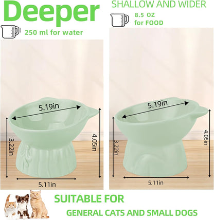 2Pcs Ceramic Elevated Cat Bowls, Extra Wide Raised Cat Bowls for Food and Water, Shallow Cat Food Dish Whisker Friendly, anti Vomit Cat Bowl Microwave and Dishwasher Safe, Great Height for Cat (Green)