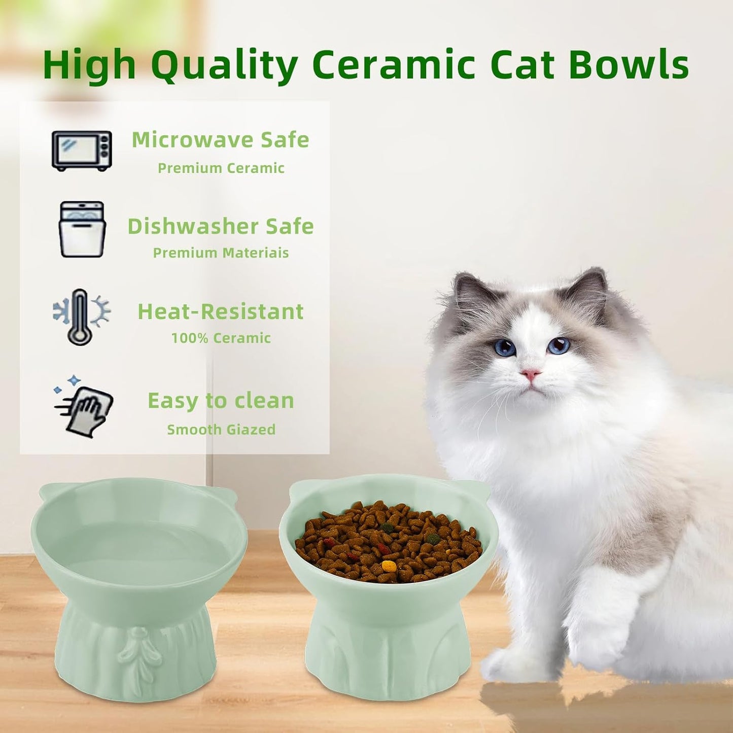 2Pcs Ceramic Elevated Cat Bowls, Extra Wide Raised Cat Bowls for Food and Water, Shallow Cat Food Dish Whisker Friendly, anti Vomit Cat Bowl Microwave and Dishwasher Safe, Great Height for Cat (Green)