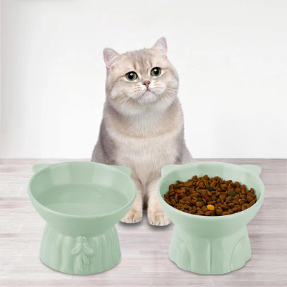 2Pcs Ceramic Elevated Cat Bowls, Extra Wide Raised Cat Bowls for Food and Water, Shallow Cat Food Dish Whisker Friendly, anti Vomit Cat Bowl Microwave and Dishwasher Safe, Great Height for Cat (Green)